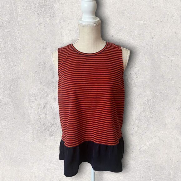 J Crew Factory | Navy Blue Red Striped Ruffle Flounce Hem Tank Top Blouse Size S - Picture 1 of 6